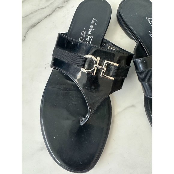 SALVATORE FERRAGAMO Black Silver Logo Buckle Sandals Size 38 - Picture 5 of 11